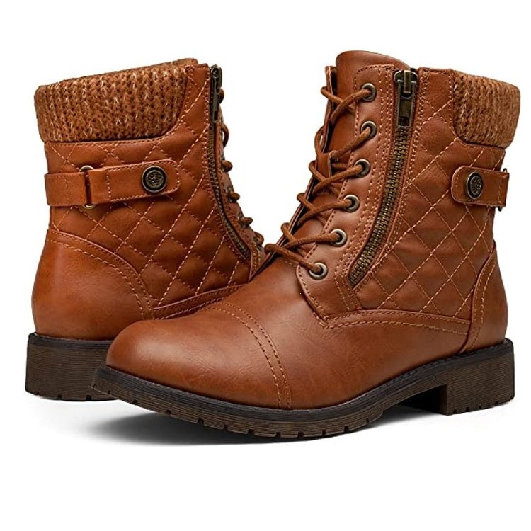 Women’s Embroidered Plaid Ankle Boots – Low Heel Lace-Up Boots with Side Zipper & Knit Collar