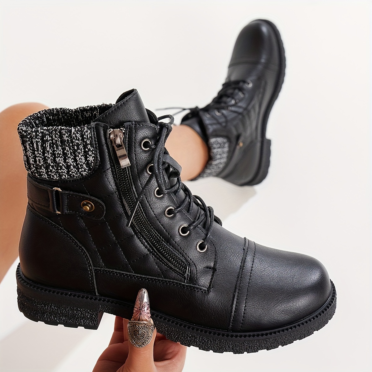 Women’s Embroidered Plaid Ankle Boots – Low Heel Lace-Up Boots with Side Zipper & Knit Collar