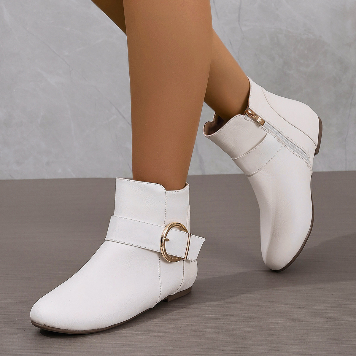 Women’s Vintage Ankle Boots – Comfortable Flat Boots with Buckle & Side Zipper