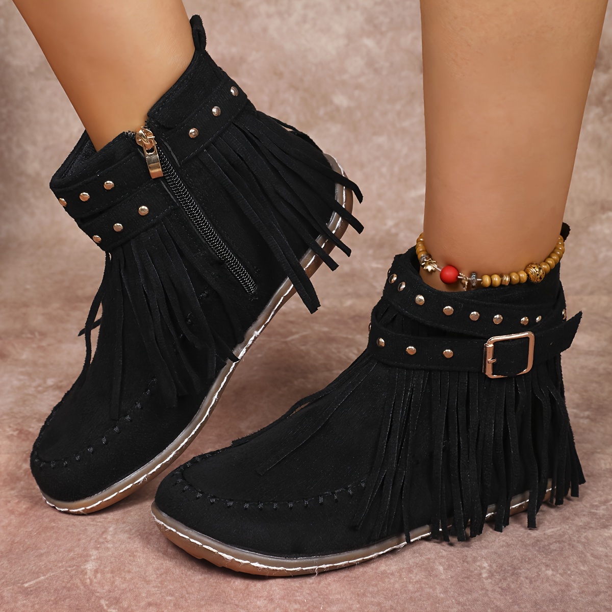 Women’s Vintage Fall Ankle Boots – Comfortable Flat Fringe Boots