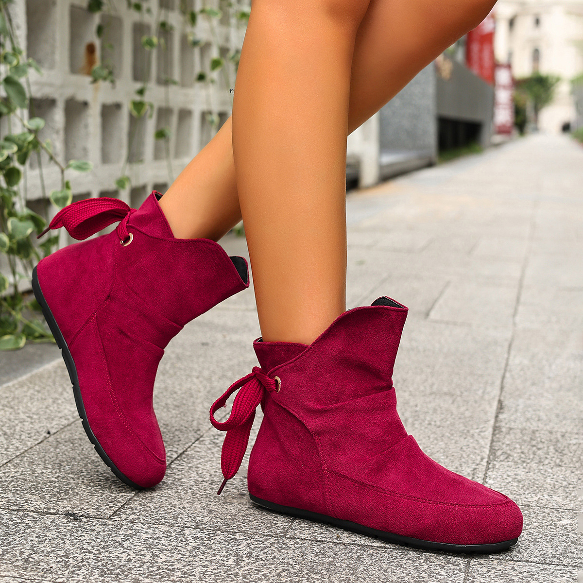 Women’s Vintage Bow Ankle Boots –Comfortable  Lace-Up Flat Shoes for Fall & Winter