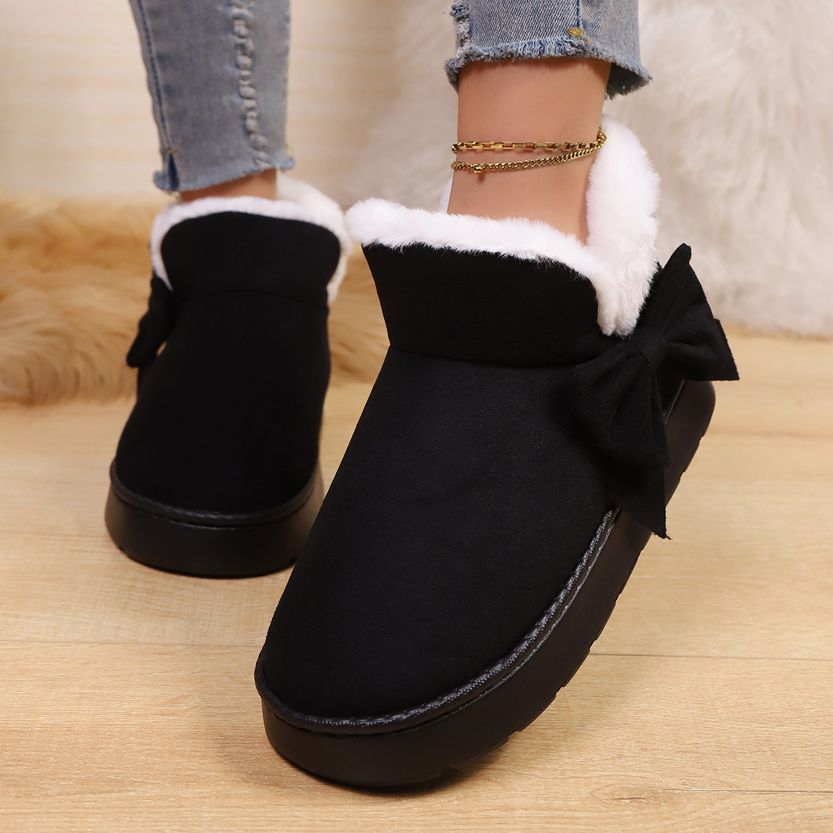 Women’s Bow Ankle Boots – Warm Plush-Lined House Shoes for Fall & Winter