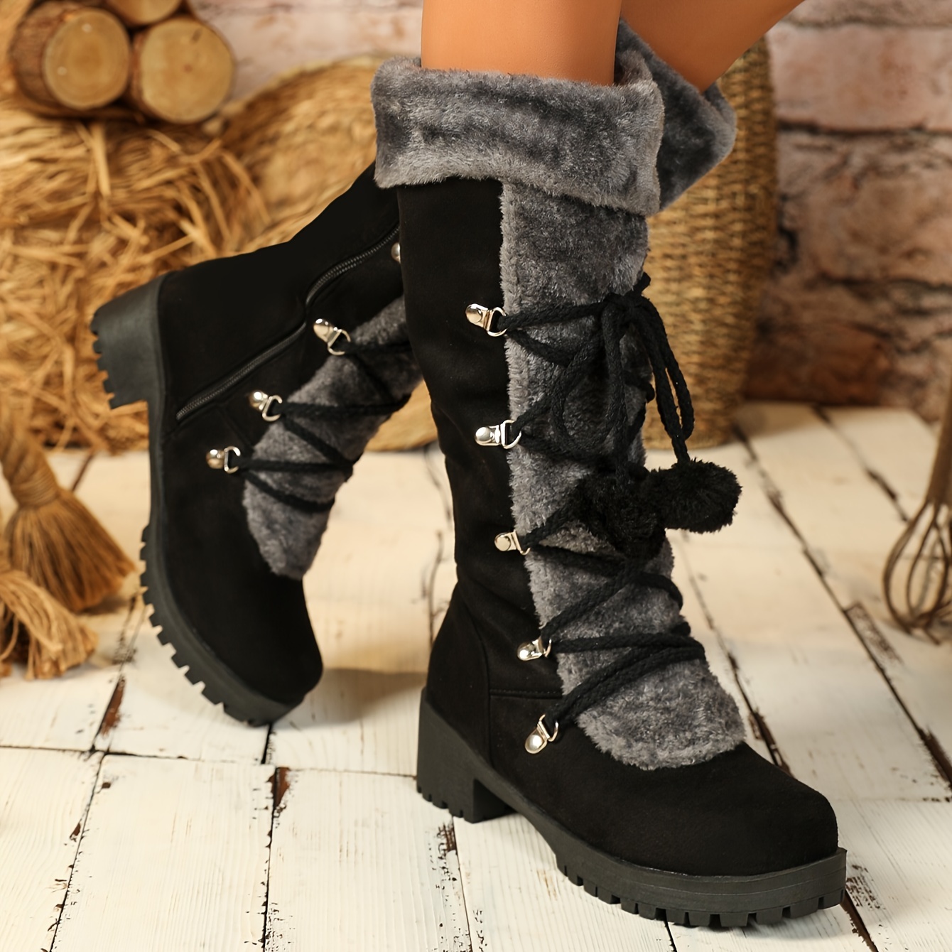 Women’s Vintage Winter Boots – Fur-Lined Tall Boots with Lace-Up Detail & Side Zipper