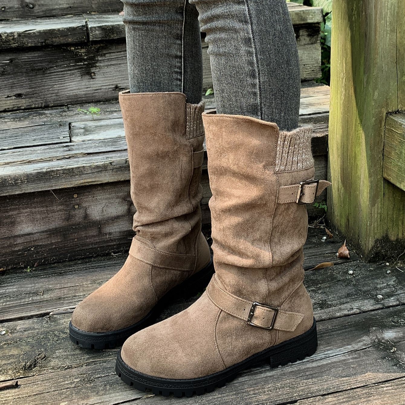 Women’s Vintage Western Boots – Suede Slouchy Tall Boots with Round Toe & Block Heel