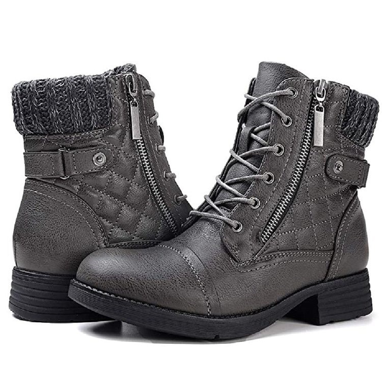 Women’s Embroidered Plaid Ankle Boots – Low Heel Lace-Up Boots with Side Zipper & Knit Collar