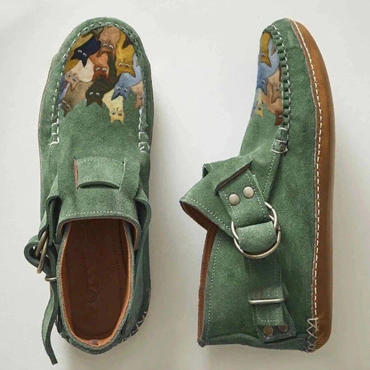 Women’s Handmade Style Cat Print Moccasins – Vintage Comfort Flats