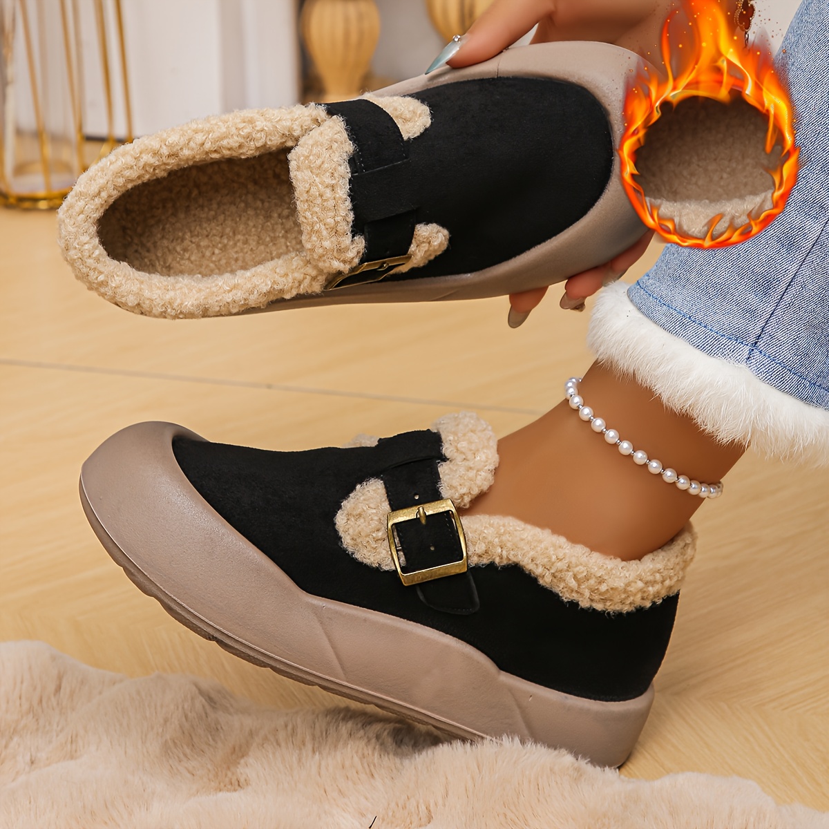 Women’s Warm Fleece-Lined Slip-On Shoes with Thick Non-Slip Sole
