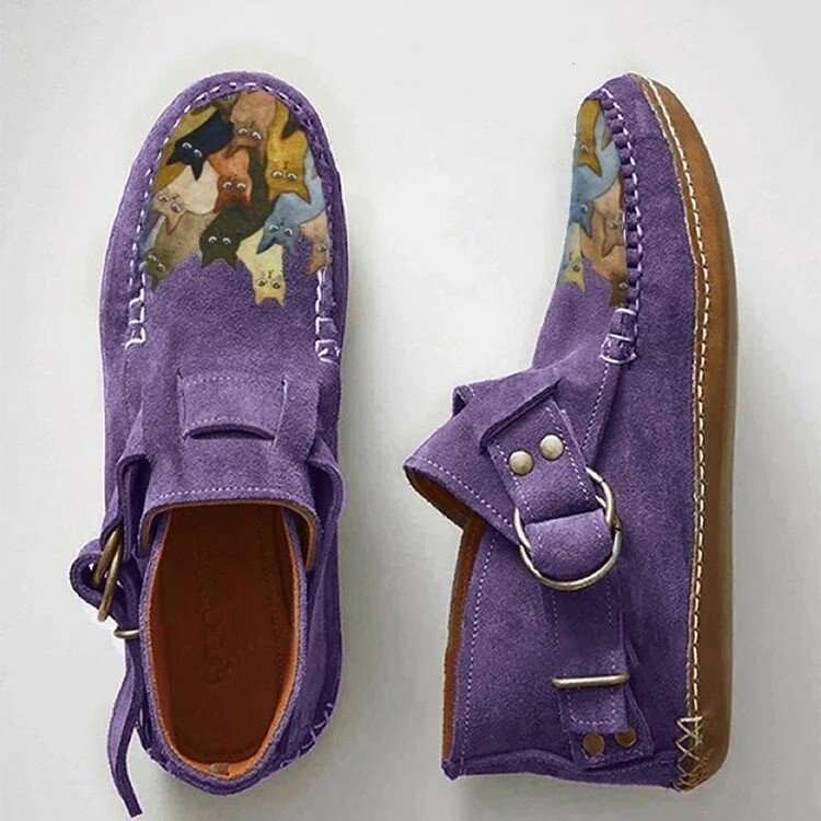 Women’s Handmade Style Cat Print Moccasins – Vintage Comfort Flats