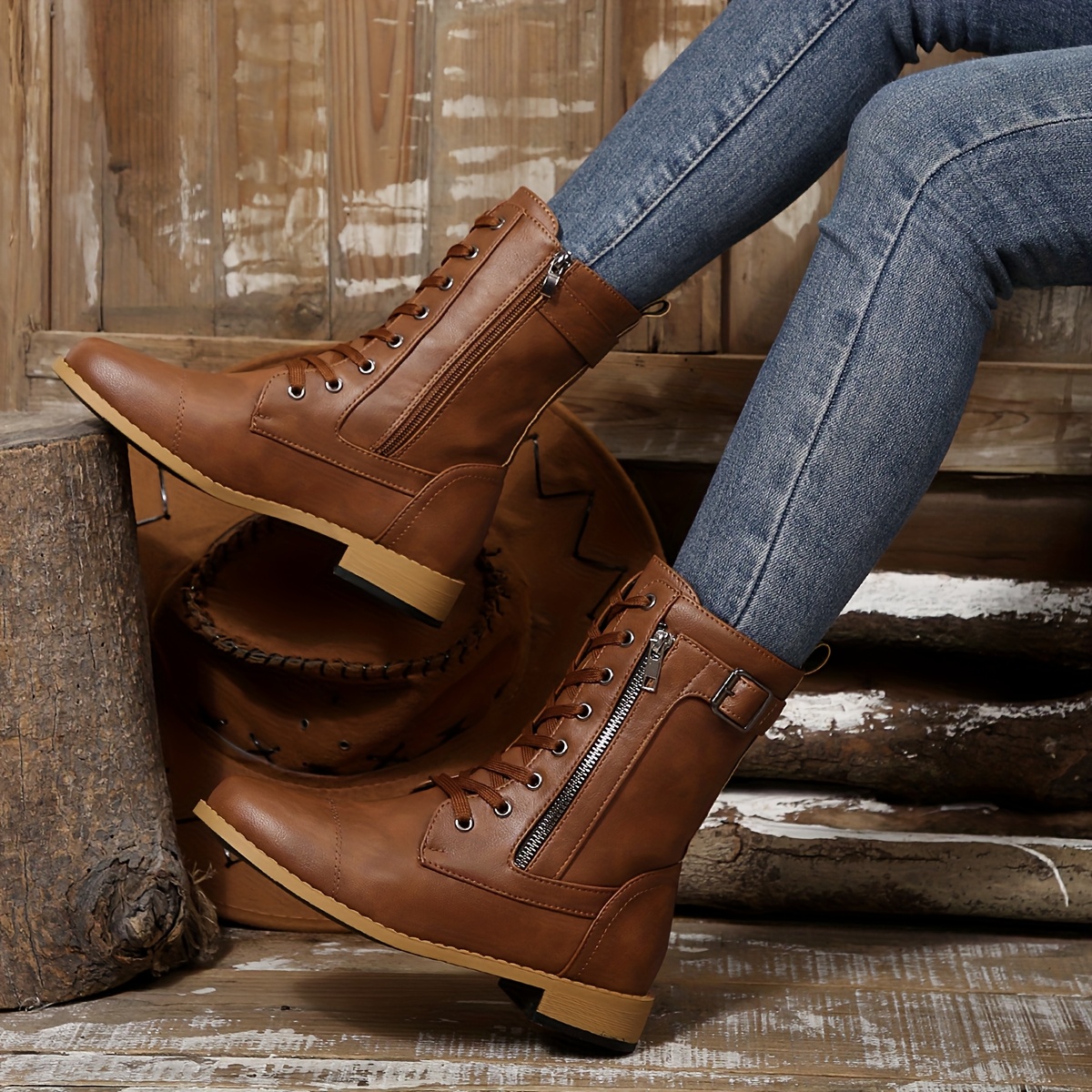 Women’s Vintage Lace-Up Boots – Classic Mid-Calf Boots with Low Heel & Side Zipper