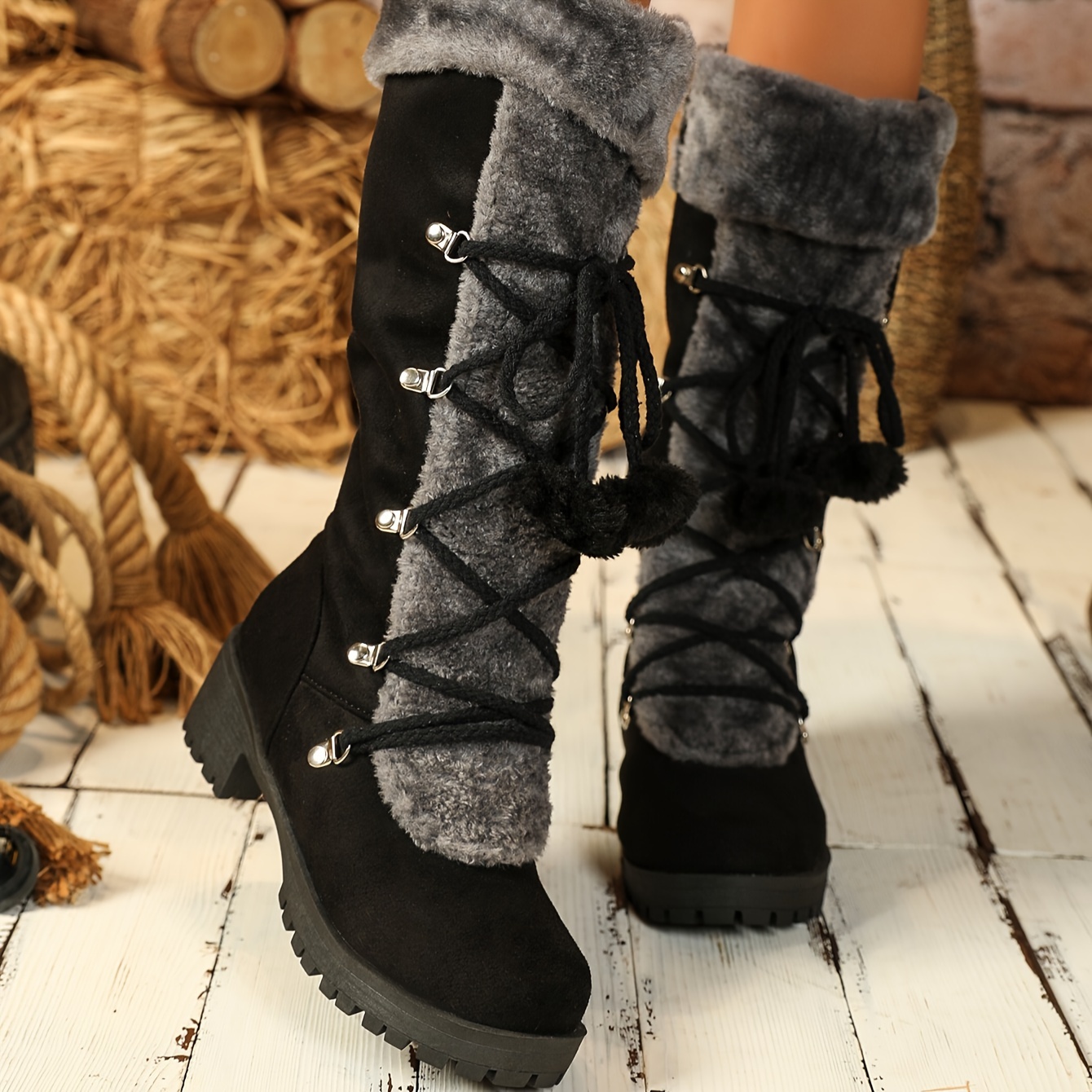 Women’s Vintage Winter Boots – Fur-Lined Tall Boots with Lace-Up Detail & Side Zipper