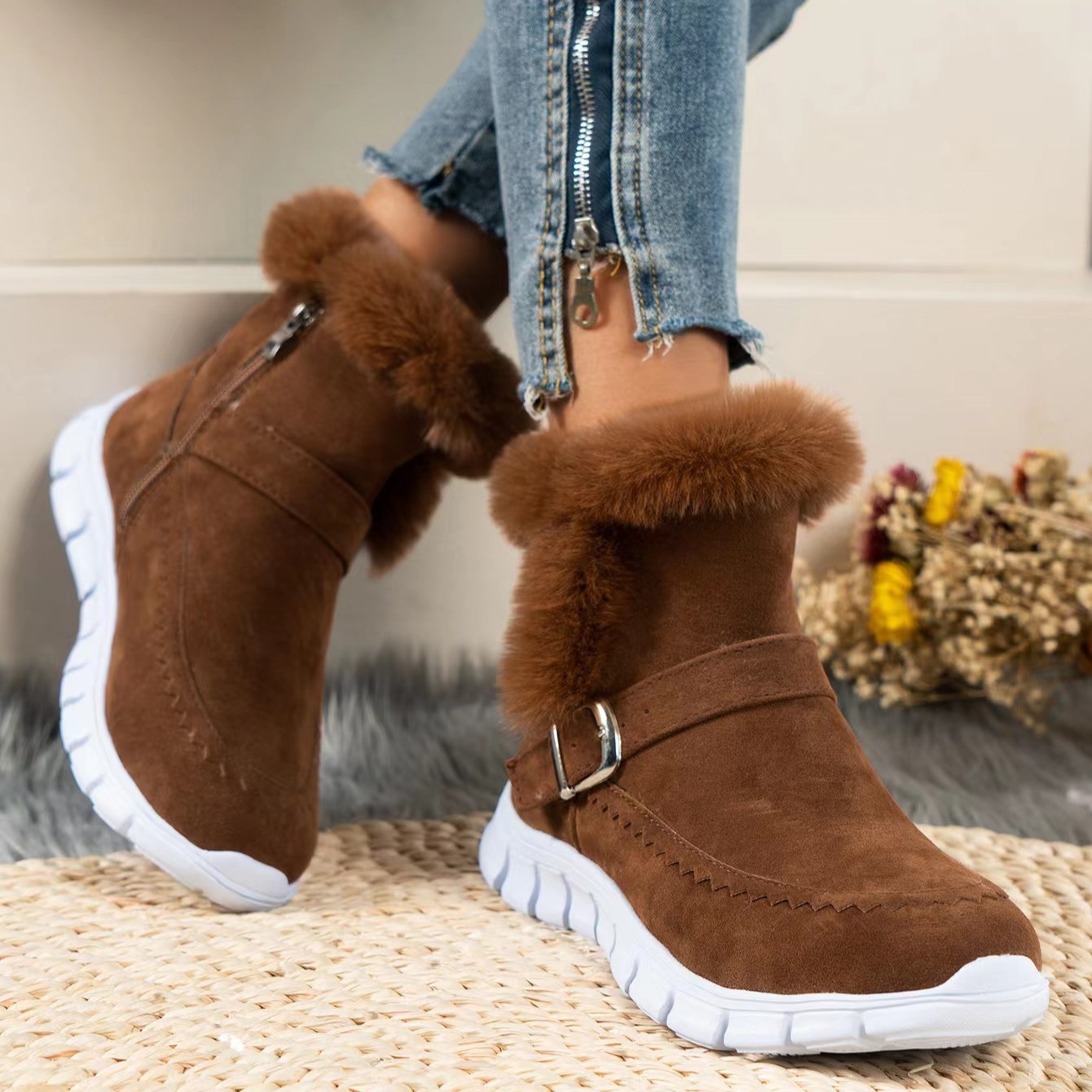 Women’s Comfortable Winter Ankle Boots – Warm Plush-Lined Boots with Thick Sole & Easy Side Zipper
