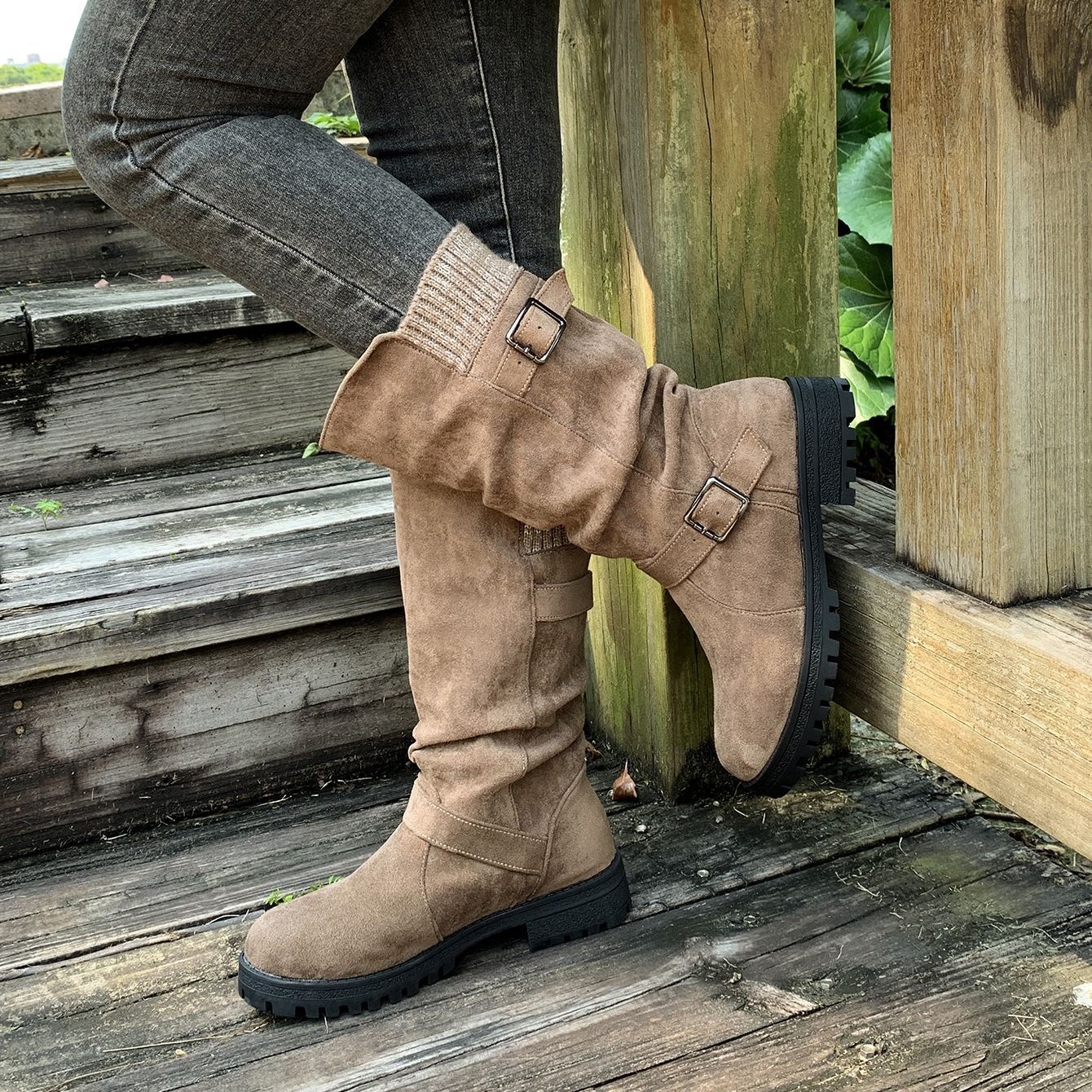 Women’s Vintage Western Boots – Suede Slouchy Tall Boots with Round Toe & Block Heel