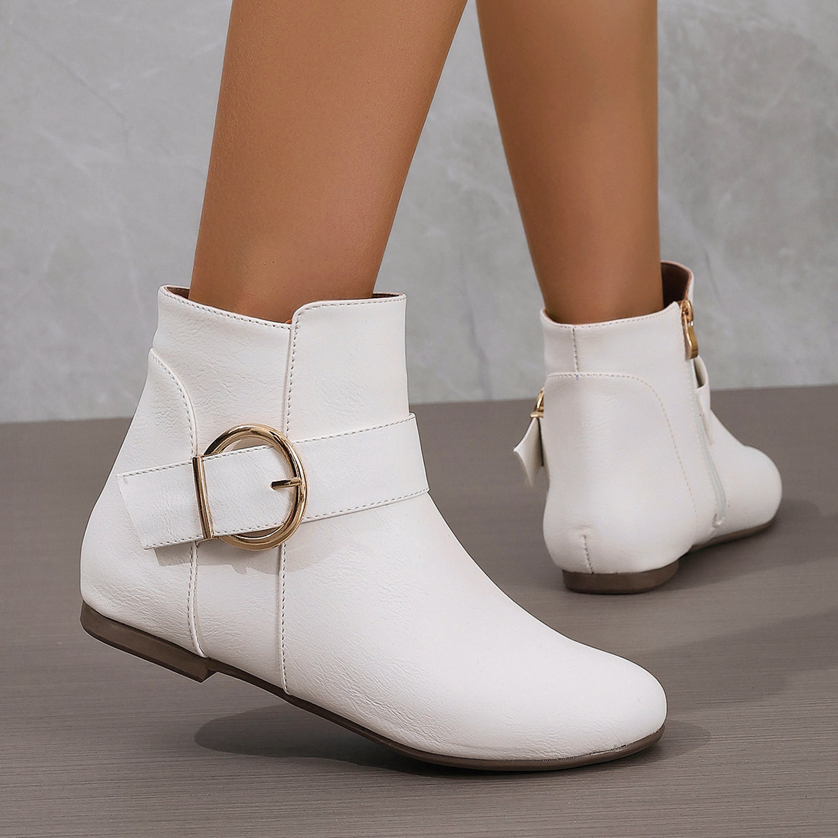 Women’s Vintage Ankle Boots – Comfortable Flat Boots with Buckle & Side Zipper