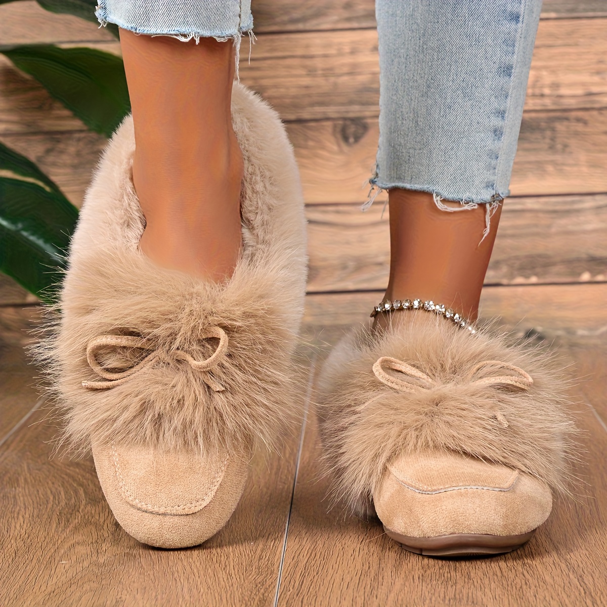 Women's Plush Slip-On Slippers with Bow - Winter Indoor/Outdoor House Shoes