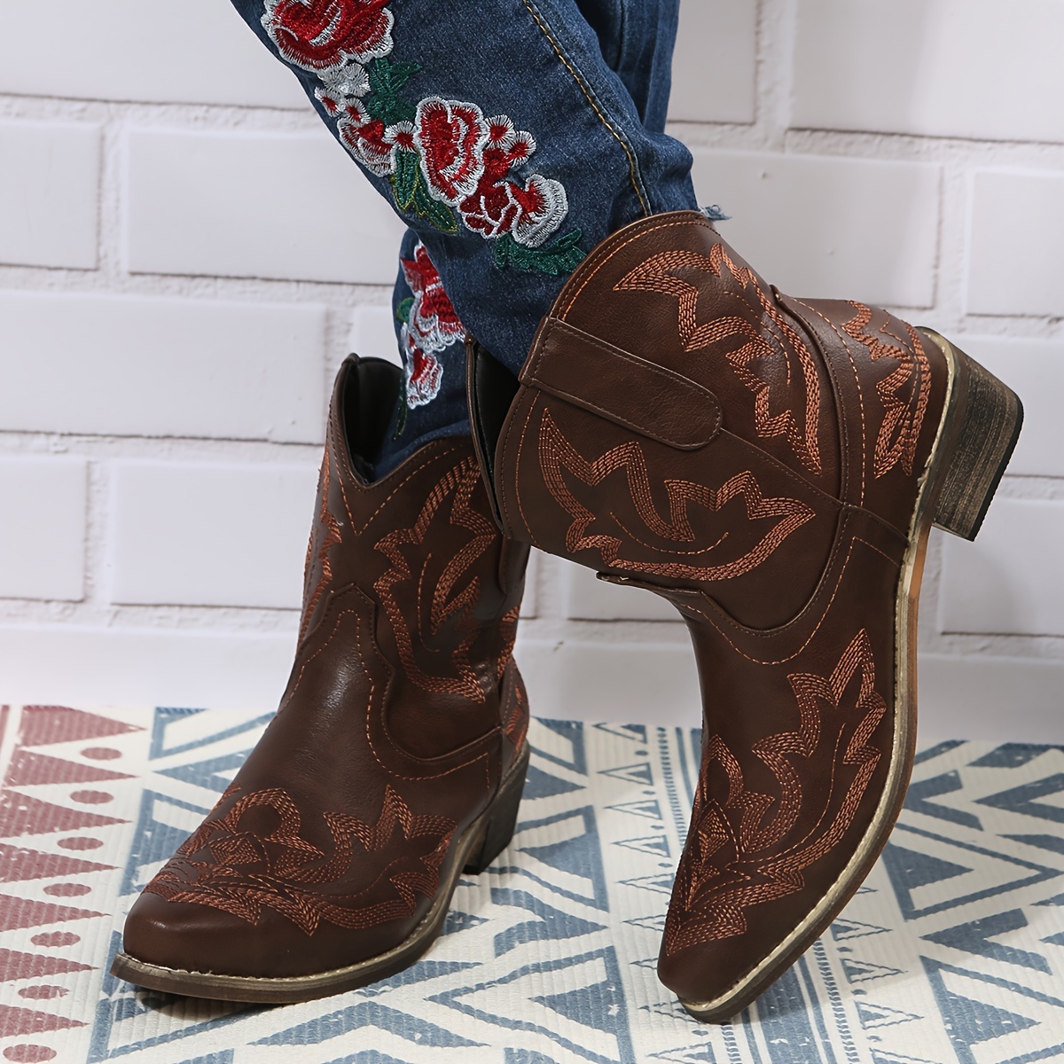Women’s Western Embroidery Mid-Heel Ankle Boots