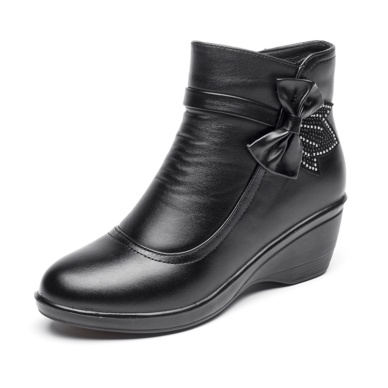 Women’s Warm Wedge Booties – Wide Width Comfort Ankle Boots with Side Zip & Bow Accent
