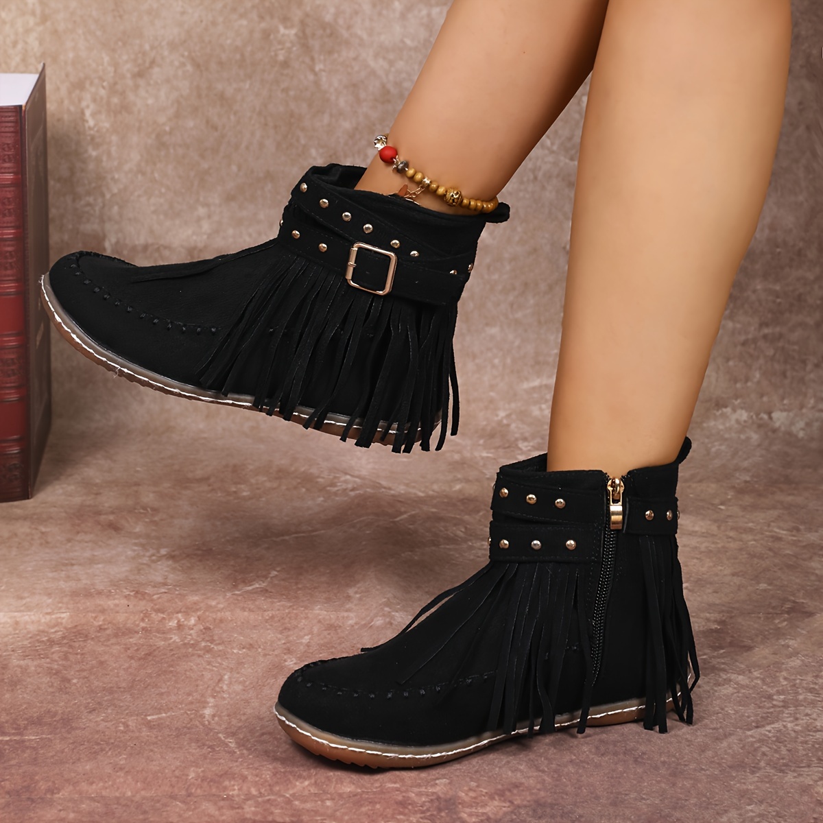 Women’s Vintage Fall Ankle Boots – Comfortable Flat Fringe Boots