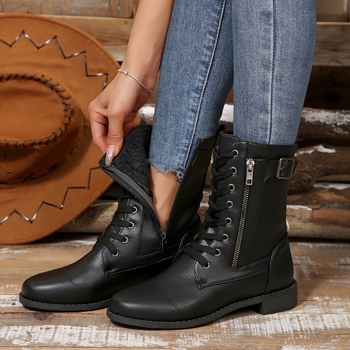 Women’s Vintage Lace-Up Boots – Classic Mid-Calf Boots with Low Heel & Side Zipper