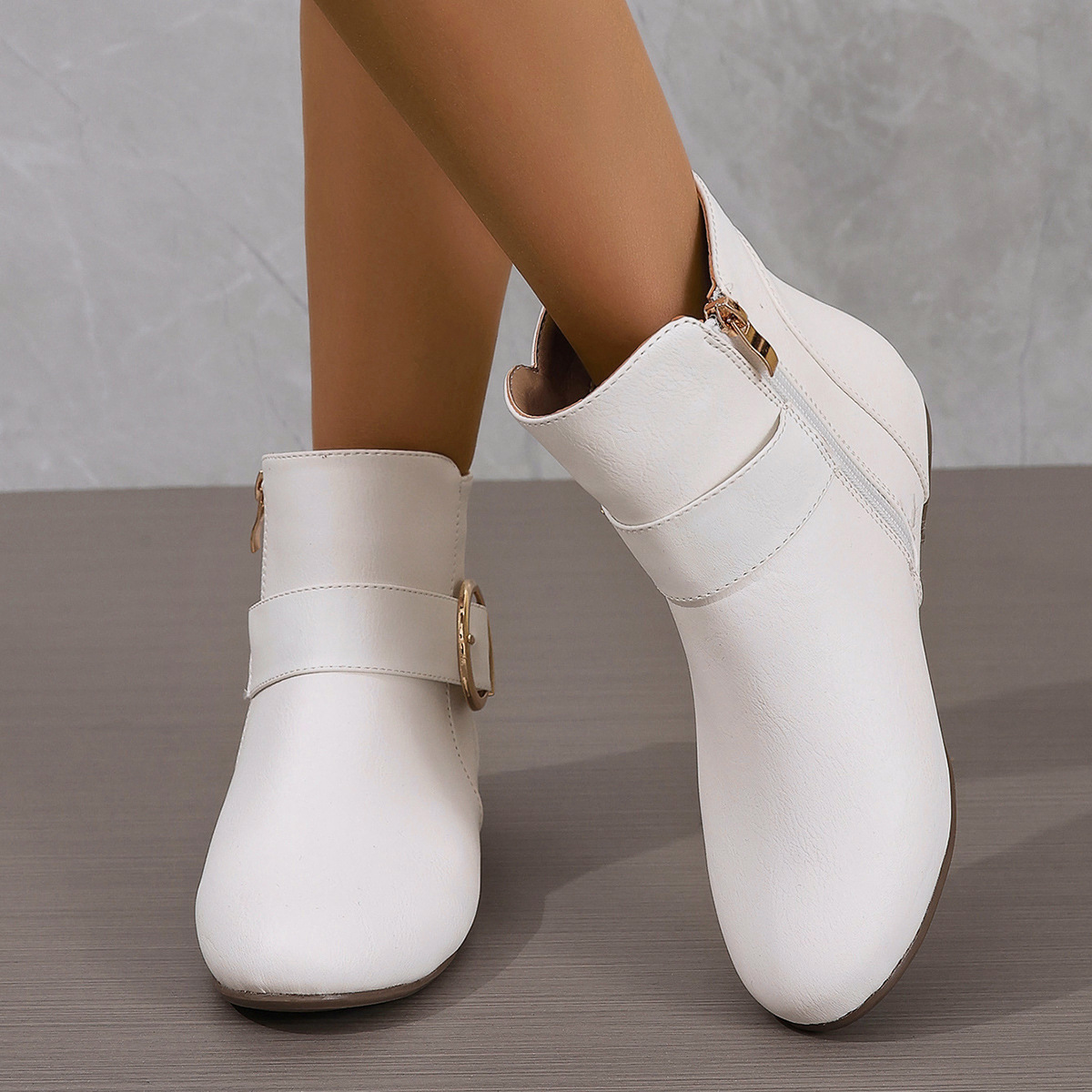 Women’s Vintage Ankle Boots – Comfortable Flat Boots with Buckle & Side Zipper