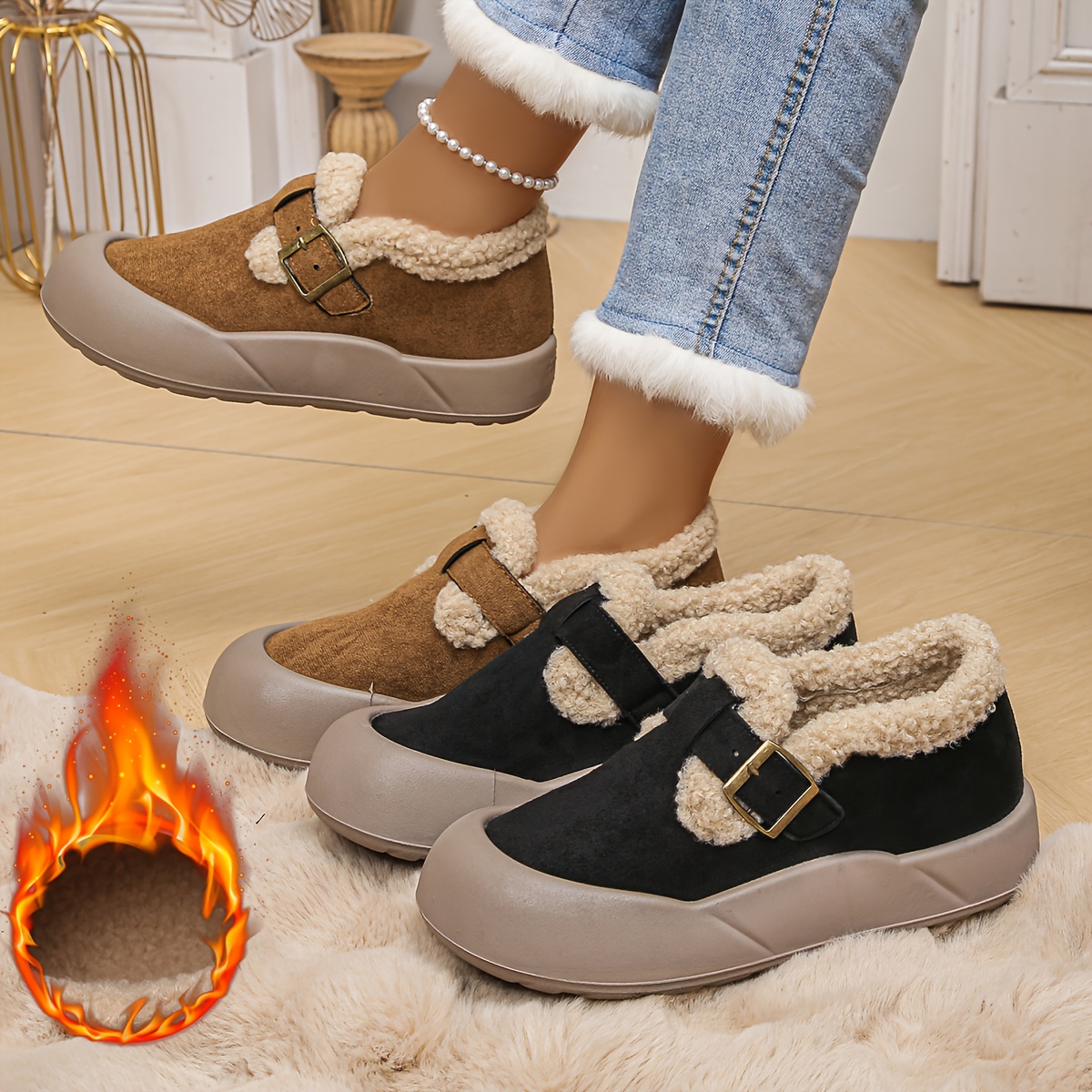 Women’s Warm Fleece-Lined Slip-On Shoes with Thick Non-Slip Sole