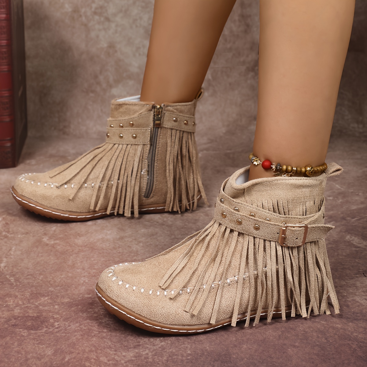 Women’s Vintage Fall Ankle Boots – Comfortable Flat Fringe Boots