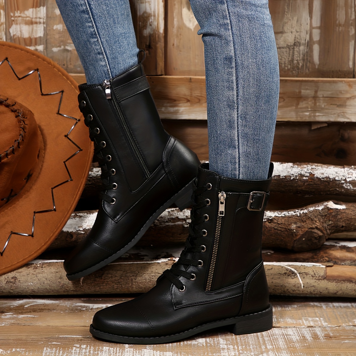 Women’s Vintage Lace-Up Boots – Classic Mid-Calf Boots with Low Heel & Side Zipper