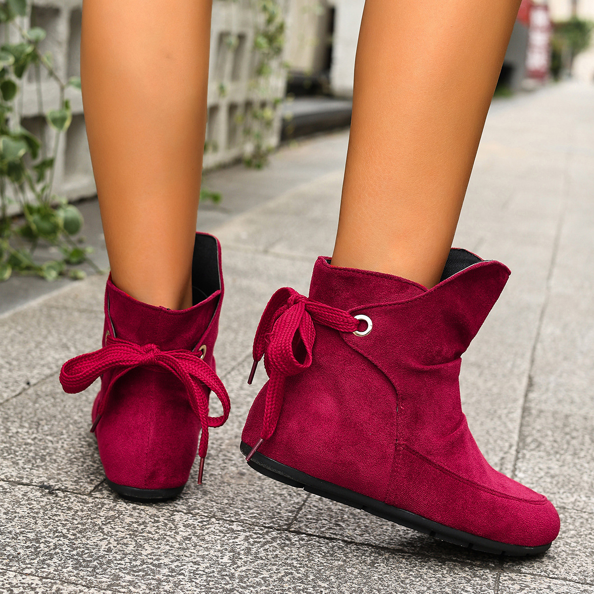 Women’s Vintage Bow Ankle Boots –Comfortable  Lace-Up Flat Shoes for Fall & Winter