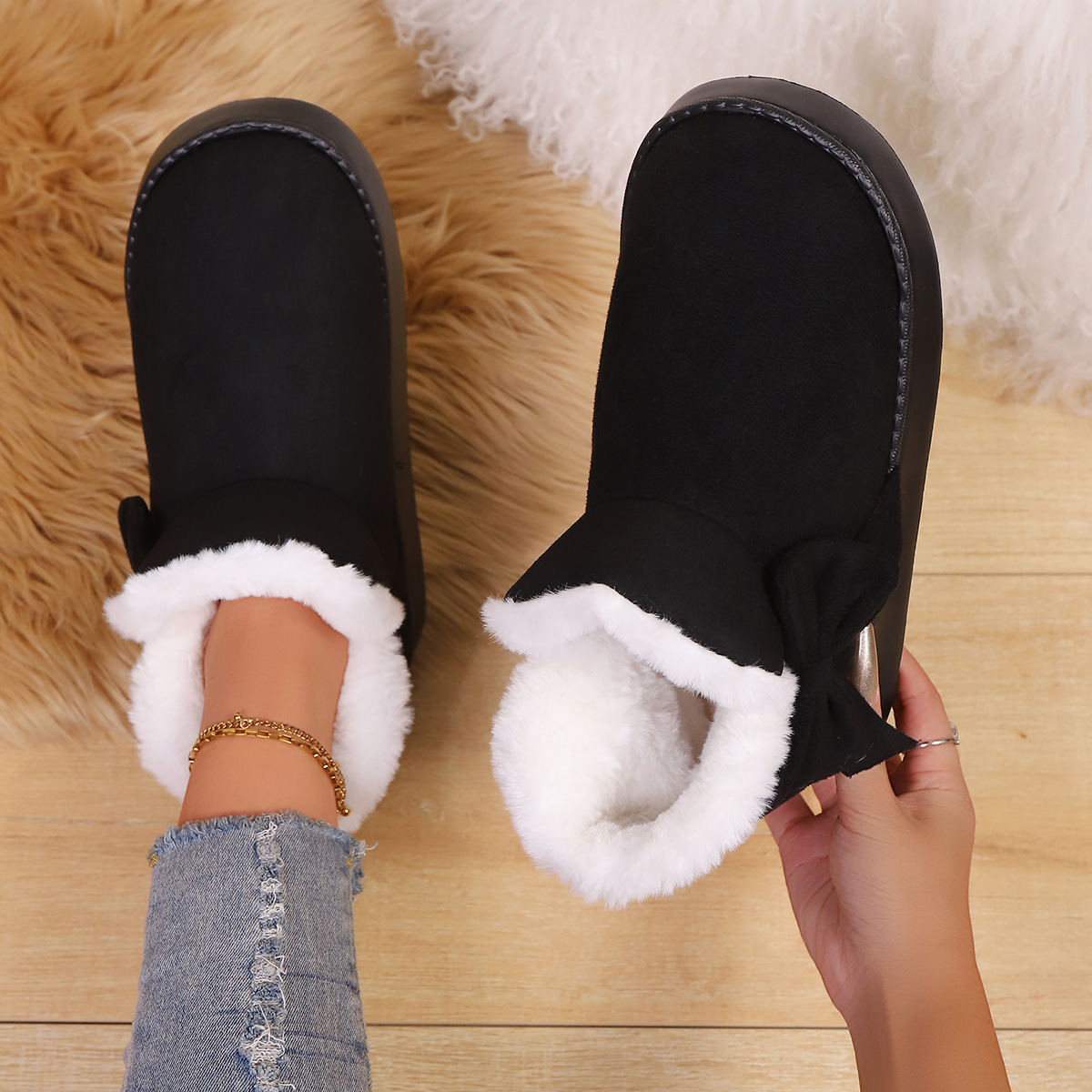 Women’s Bow Ankle Boots – Warm Plush-Lined House Shoes for Fall & Winter