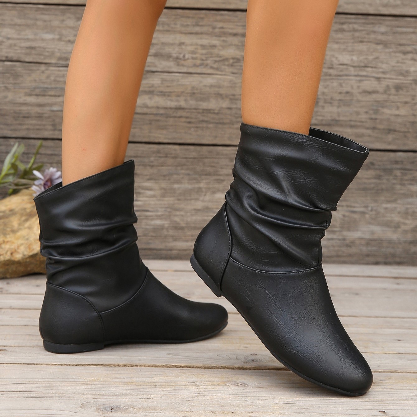 Women’s Vintage Leather Ankle Boots – Waterproof Slouchy Flat Boots with Non-Slip Sole