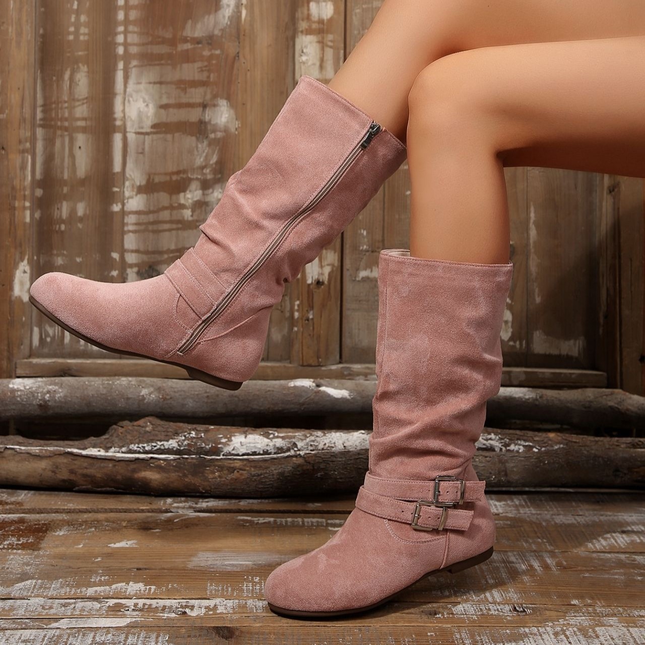 Women’s Vintage Suede Tall Boots– Lightweight Flat Boots with Side Zipper & Buckle Detail