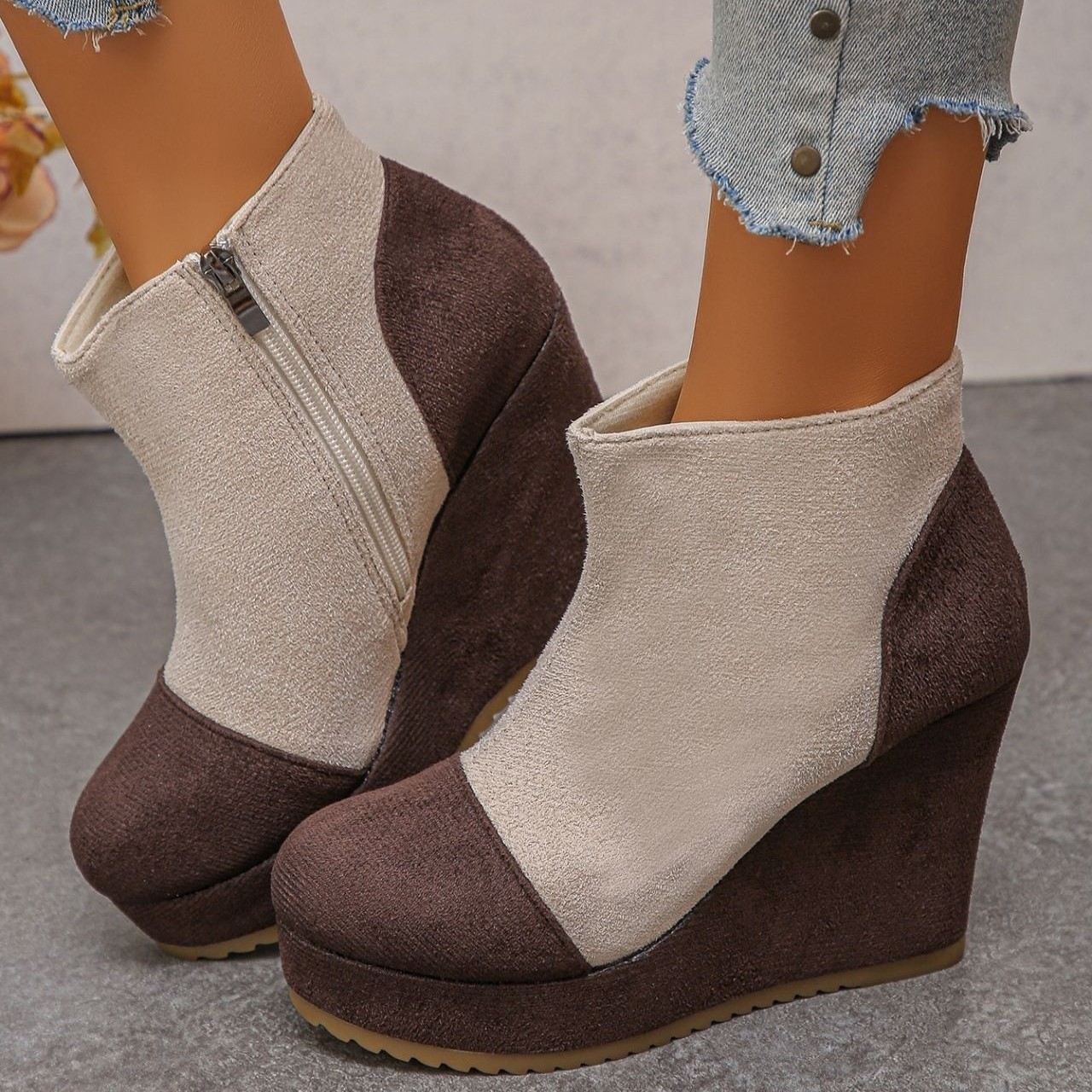 Women’s Vintage Suede Ankle Boots – Chunky Platform Wedge Boots with Side Zipper