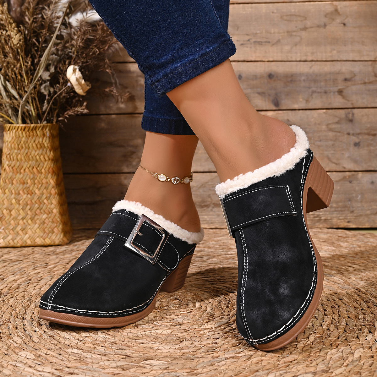 Women’s Vintage Plush-Lined Mules – Cozy Slip-On Shoes for Fall & Winter