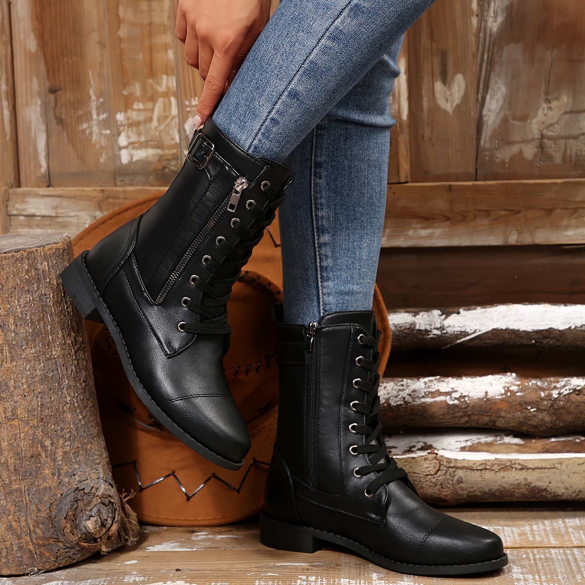 Women’s Vintage Lace-Up Boots – Classic Mid-Calf Boots with Low Heel & Side Zipper