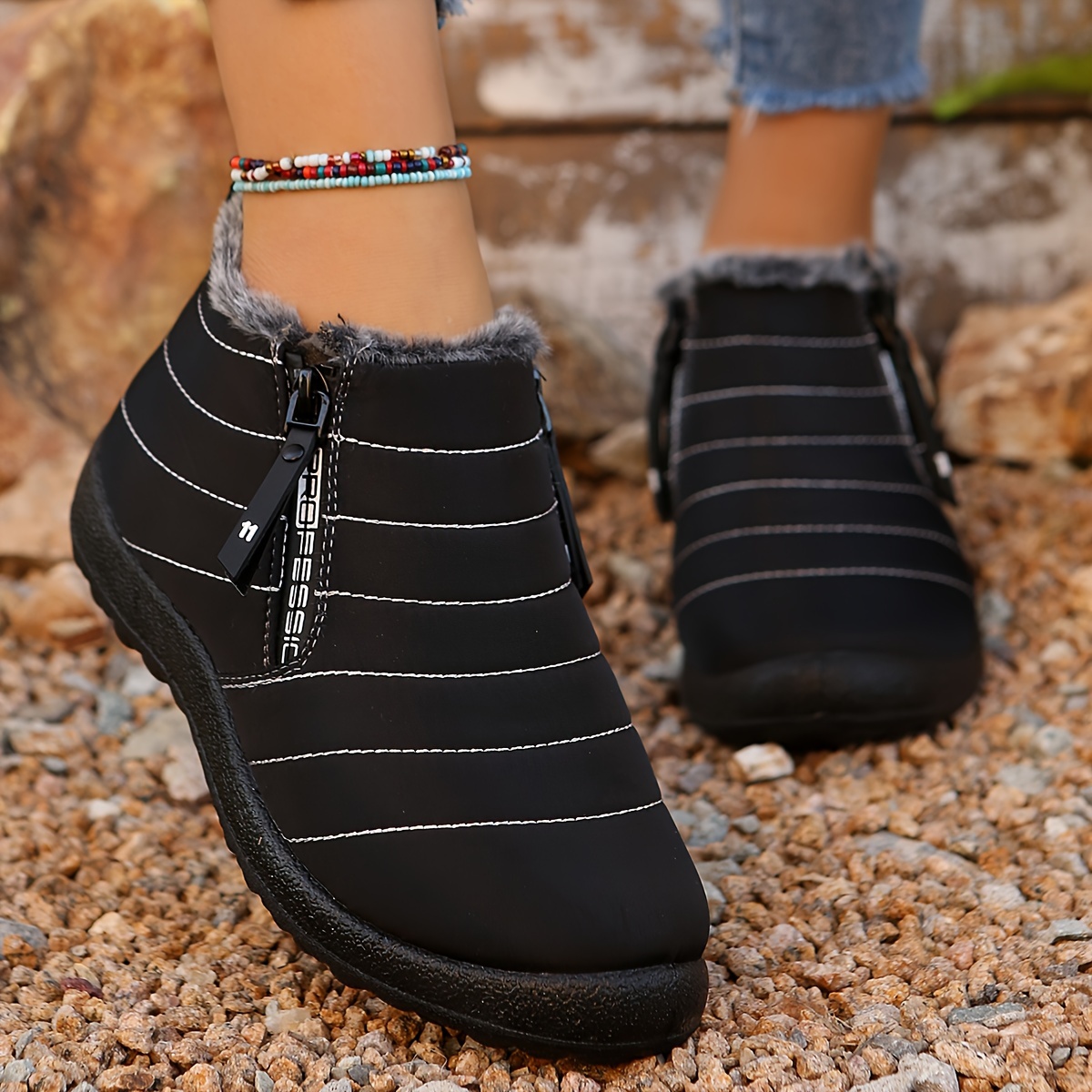 Women’s Warm Winter Snow Boots – Fur-Collar Zip-Up Boots with Non-Slip Sole