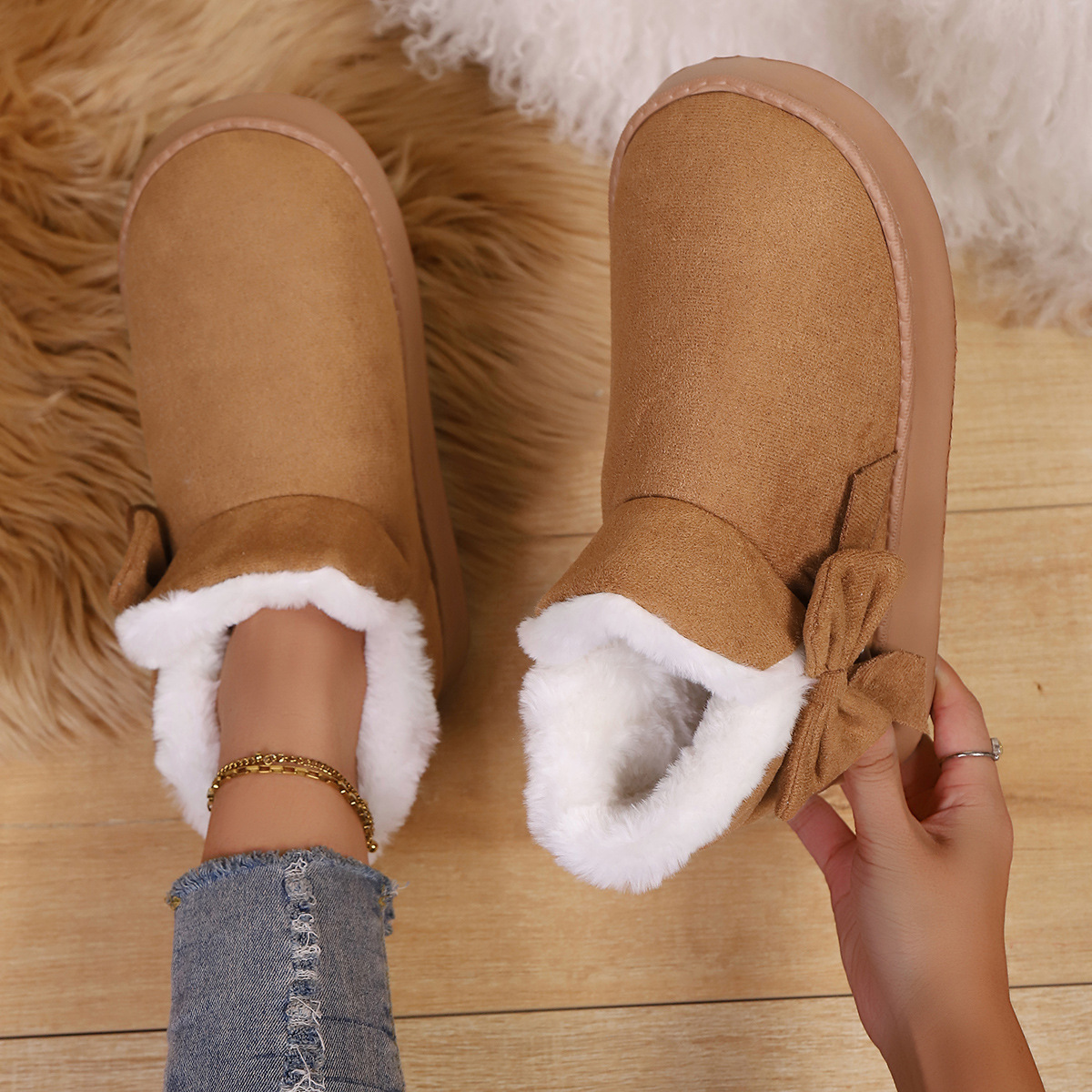 Women’s Bow Ankle Boots – Warm Plush-Lined House Shoes for Fall & Winter
