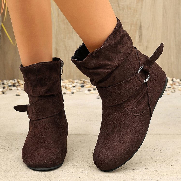 Women’s Vintage Suede Ankle Boots – Round-Toe Flat Boots with Buckle Strap & Side Zip
