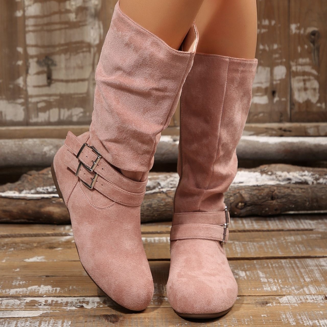 Women’s Vintage Suede Tall Boots– Lightweight Flat Boots with Side Zipper & Buckle Detail
