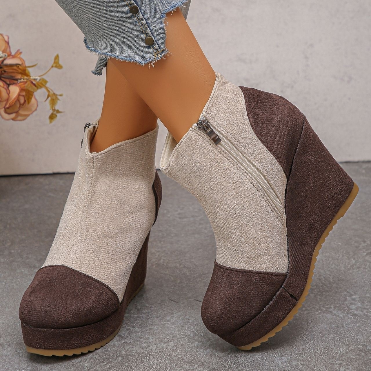 Women’s Vintage Suede Ankle Boots – Chunky Platform Wedge Boots with Side Zipper