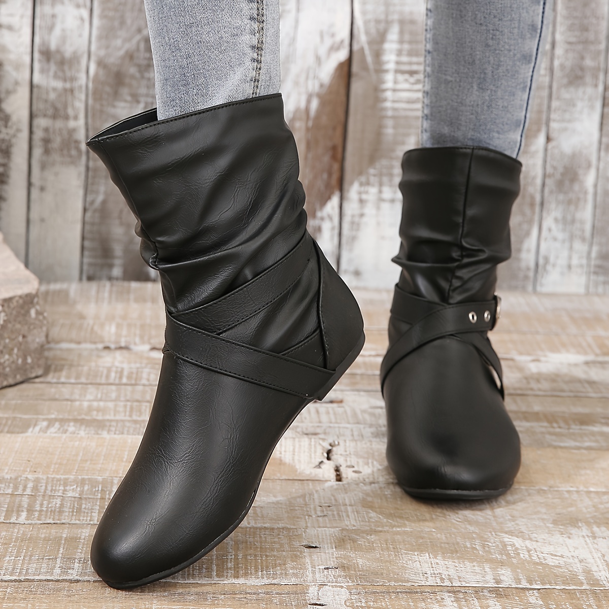 Women’s Vintage Ankle Boots – Flat Sole Boots with Classic Buckle Detail