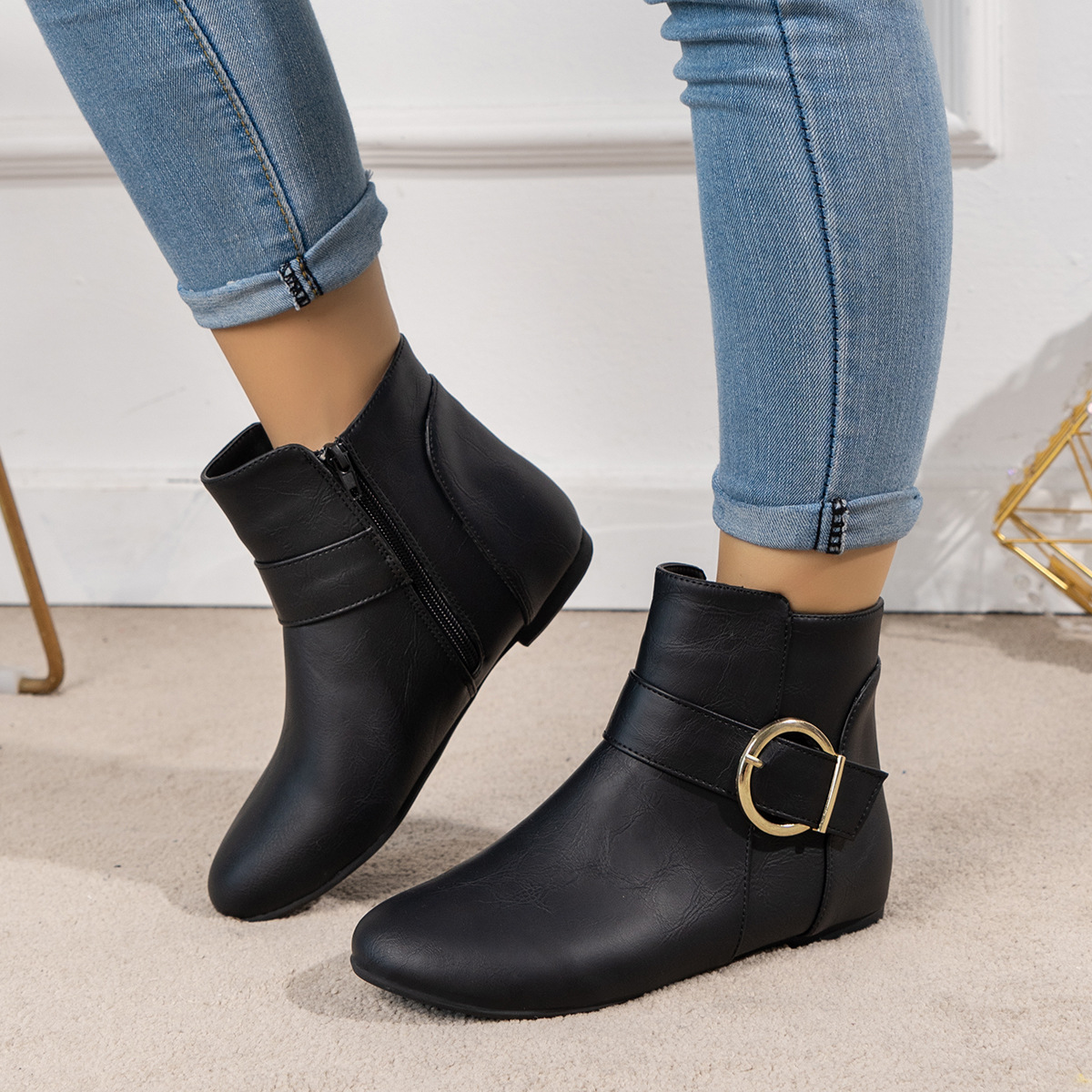 Women’s Vintage Ankle Boots – Comfortable Flat Boots with Buckle & Side Zipper
