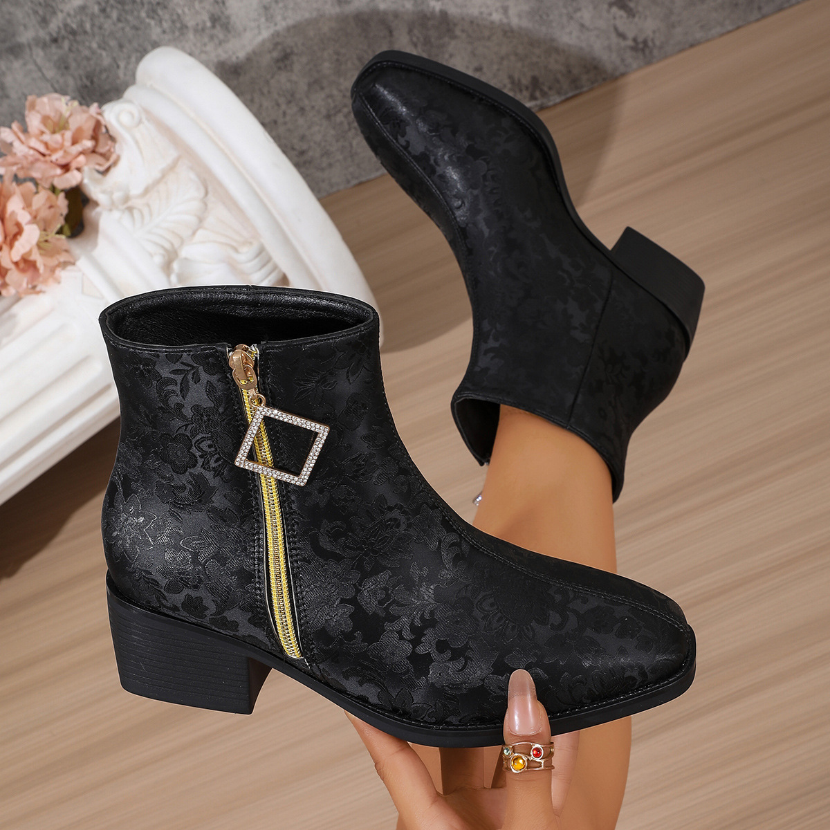 Women’s Floral Satin Ankle Boots – Elegant Short Boots with Side Zipper