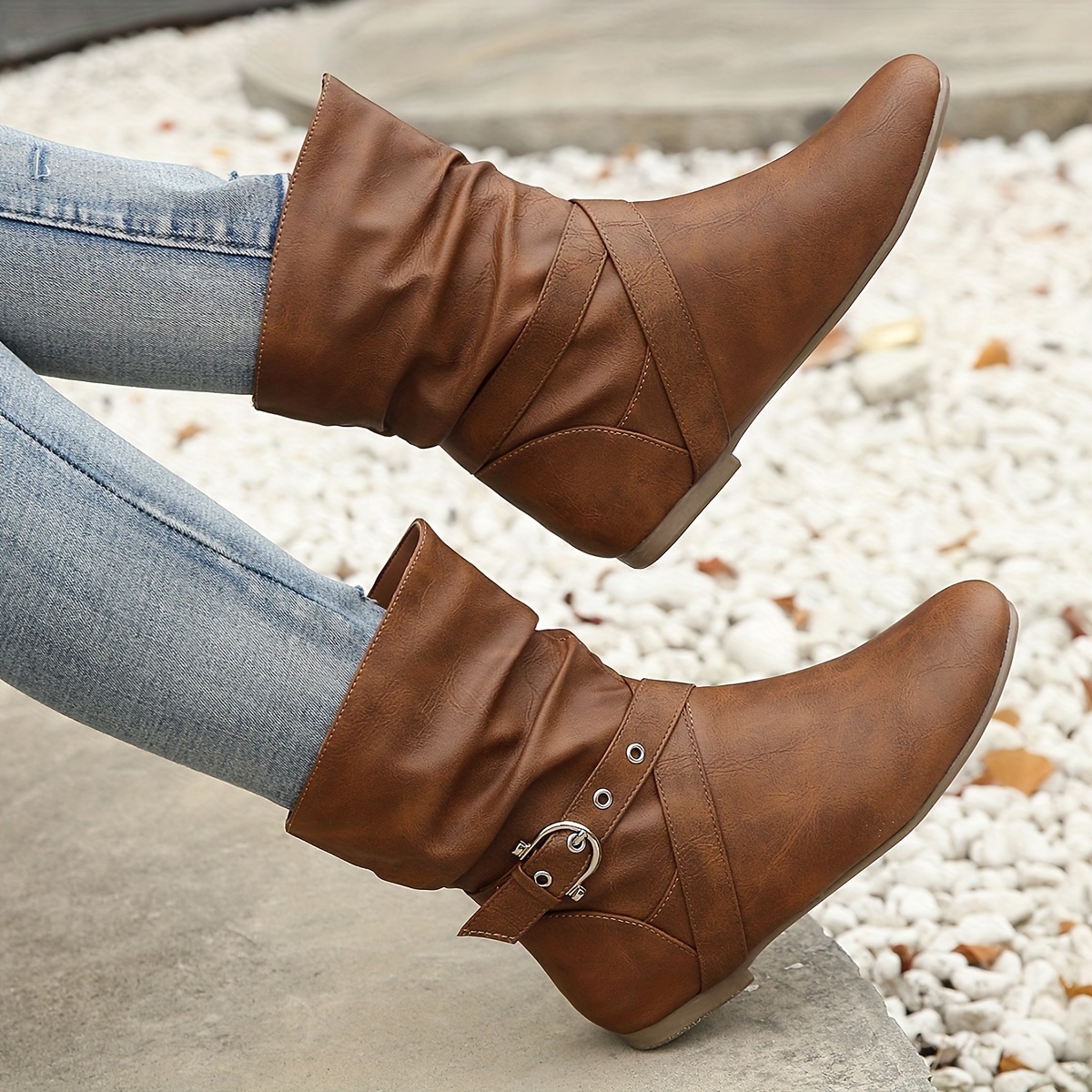 Women’s Vintage Ankle Boots – Flat Sole Boots with Classic Buckle Detail