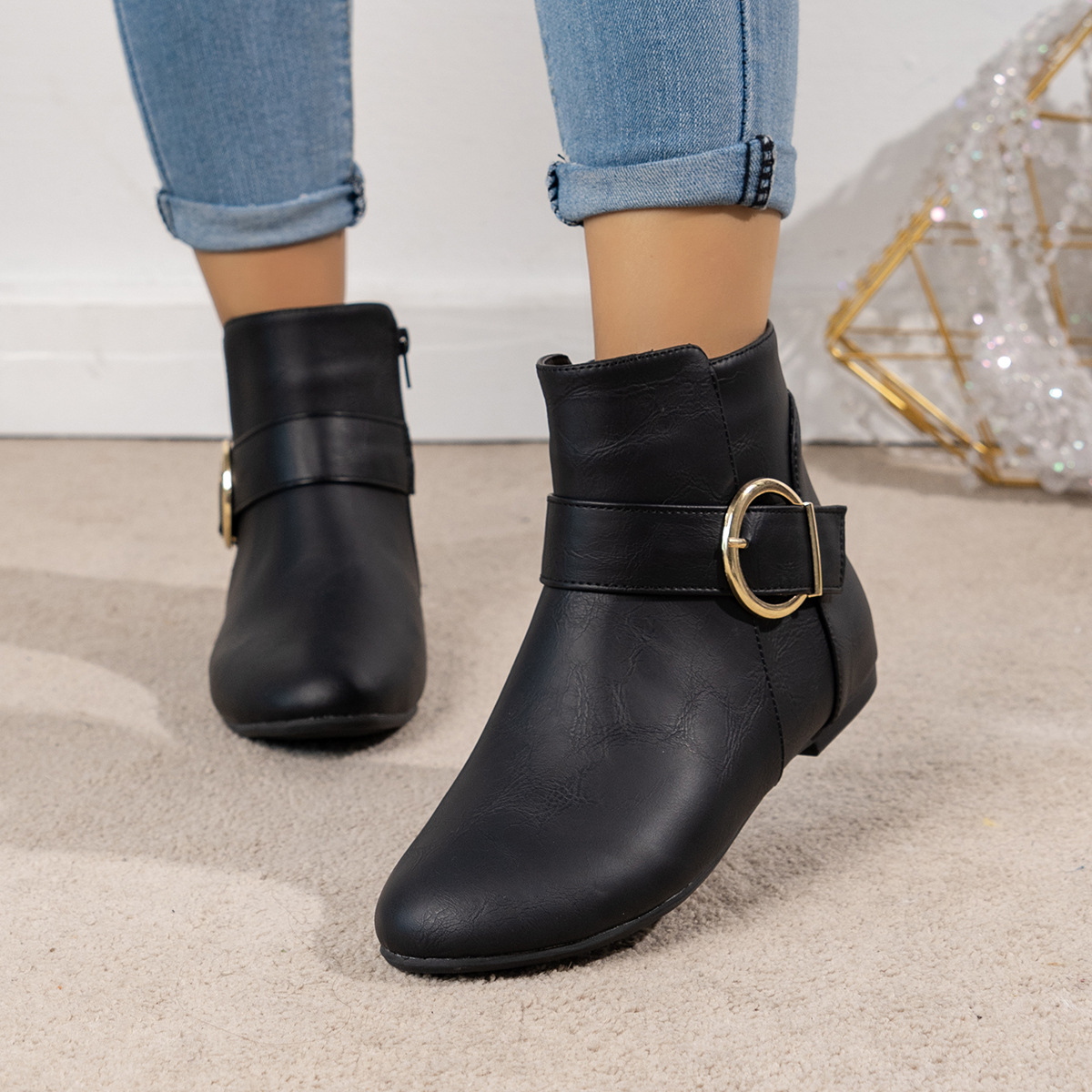 Women’s Vintage Ankle Boots – Comfortable Flat Boots with Buckle & Side Zipper