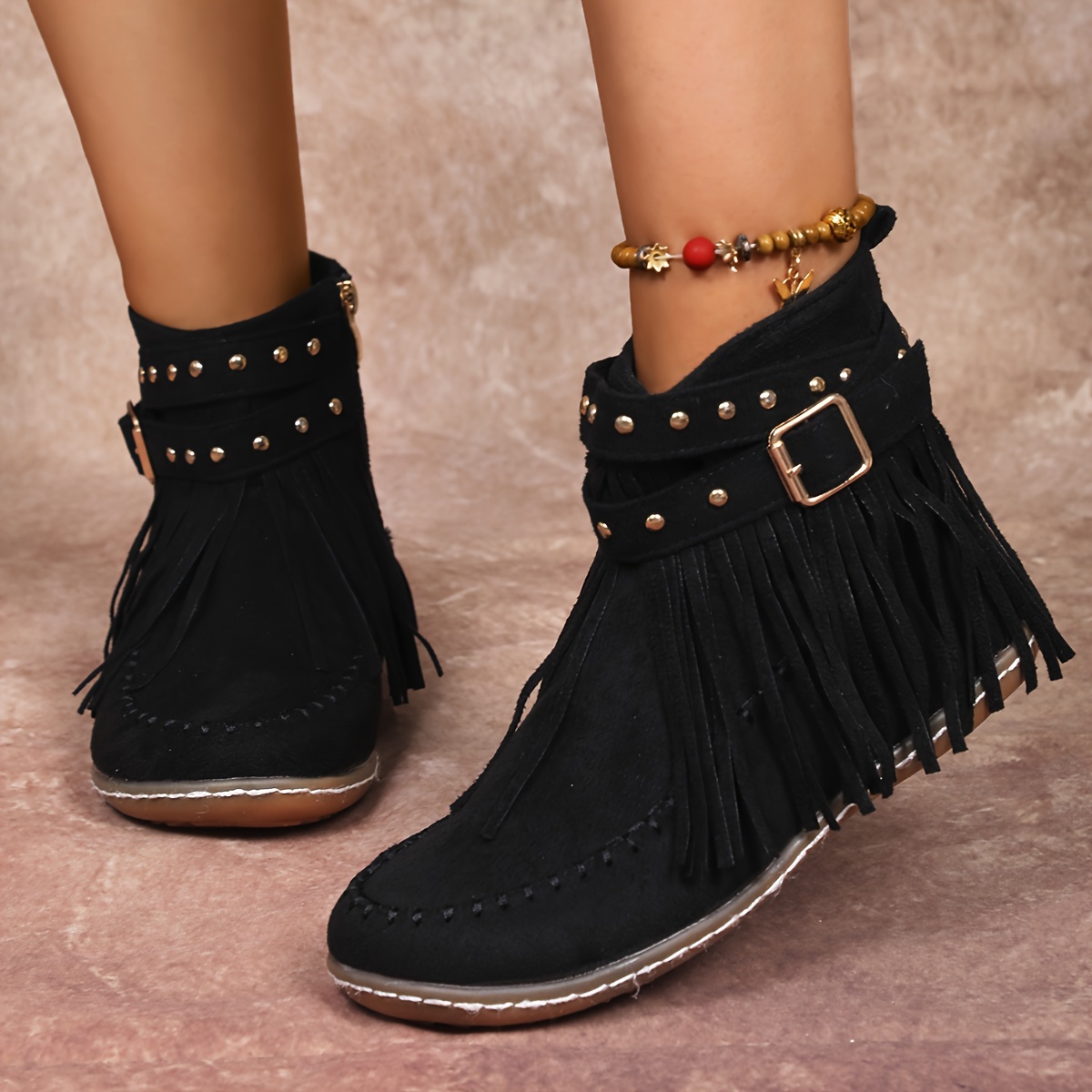 Women’s Vintage Fall Ankle Boots – Comfortable Flat Fringe Boots