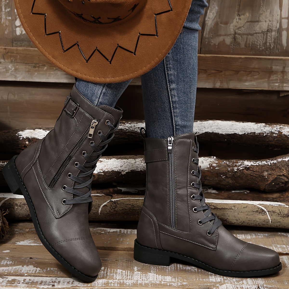 Women’s Vintage Lace-Up Boots – Classic Mid-Calf Boots with Low Heel & Side Zipper
