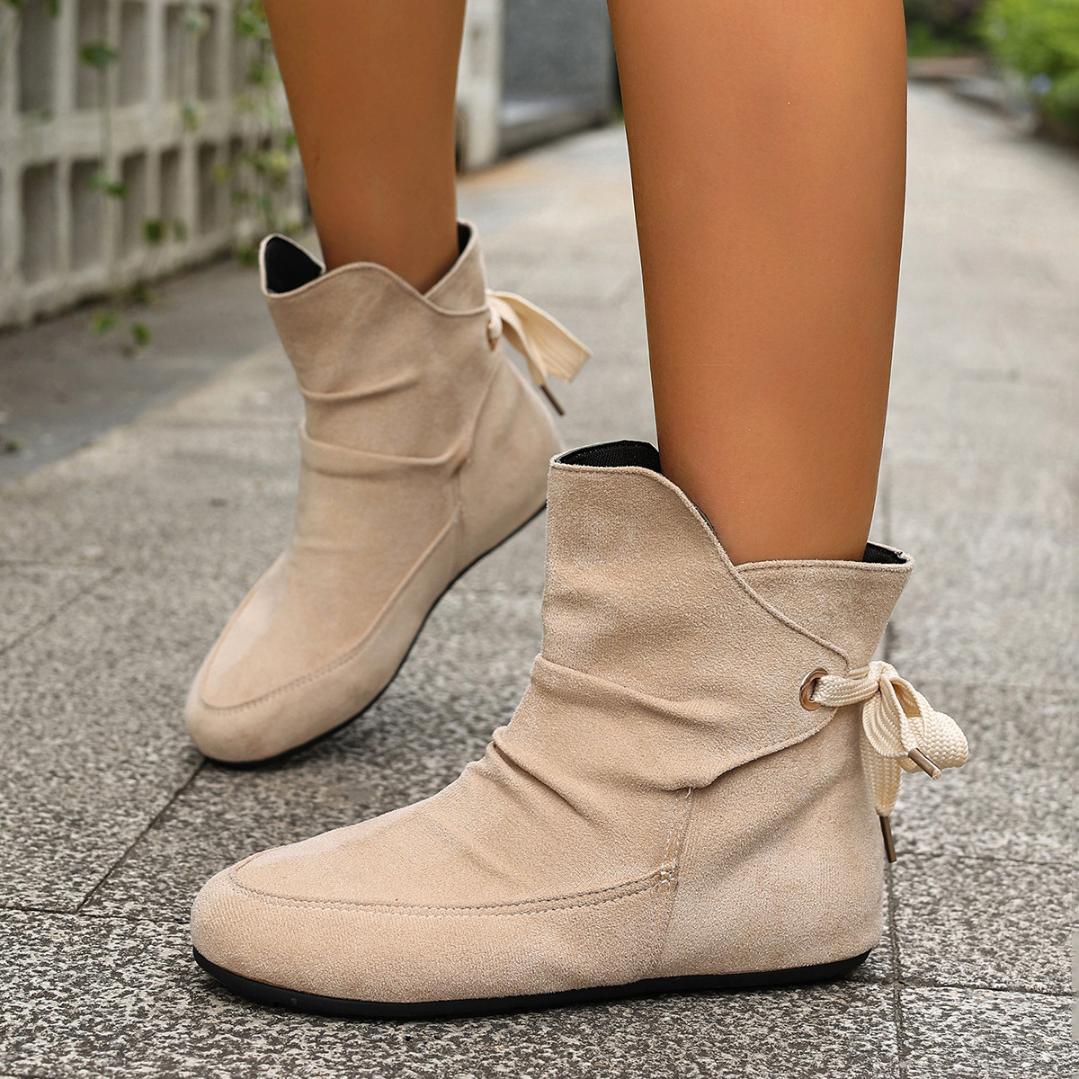 Women’s Vintage Bow Ankle Boots –Comfortable  Lace-Up Flat Shoes for Fall & Winter