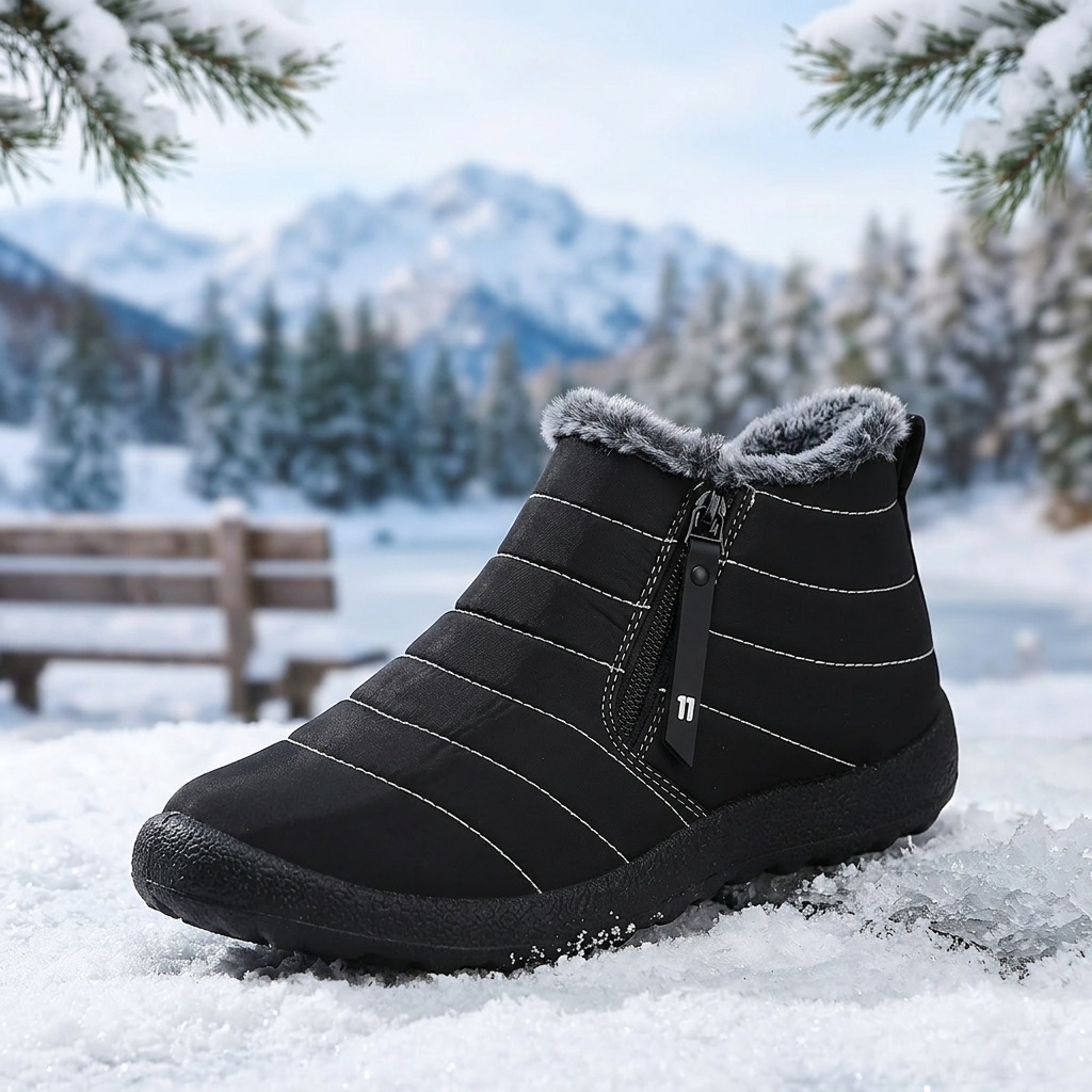 Women’s Warm Winter Snow Boots – Fur-Collar Zip-Up Boots with Non-Slip Sole