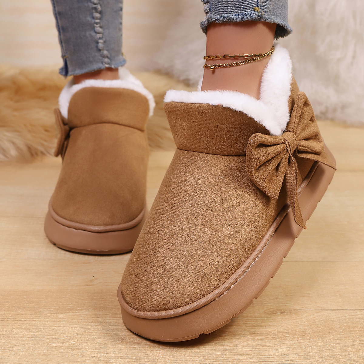 Women’s Bow Ankle Boots – Warm Plush-Lined House Shoes for Fall & Winter