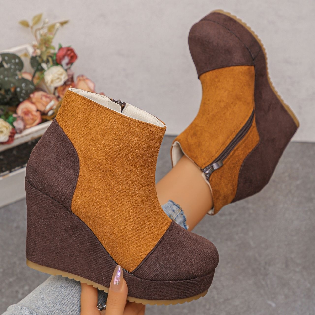 Women’s Vintage Suede Ankle Boots – Chunky Platform Wedge Boots with Side Zipper