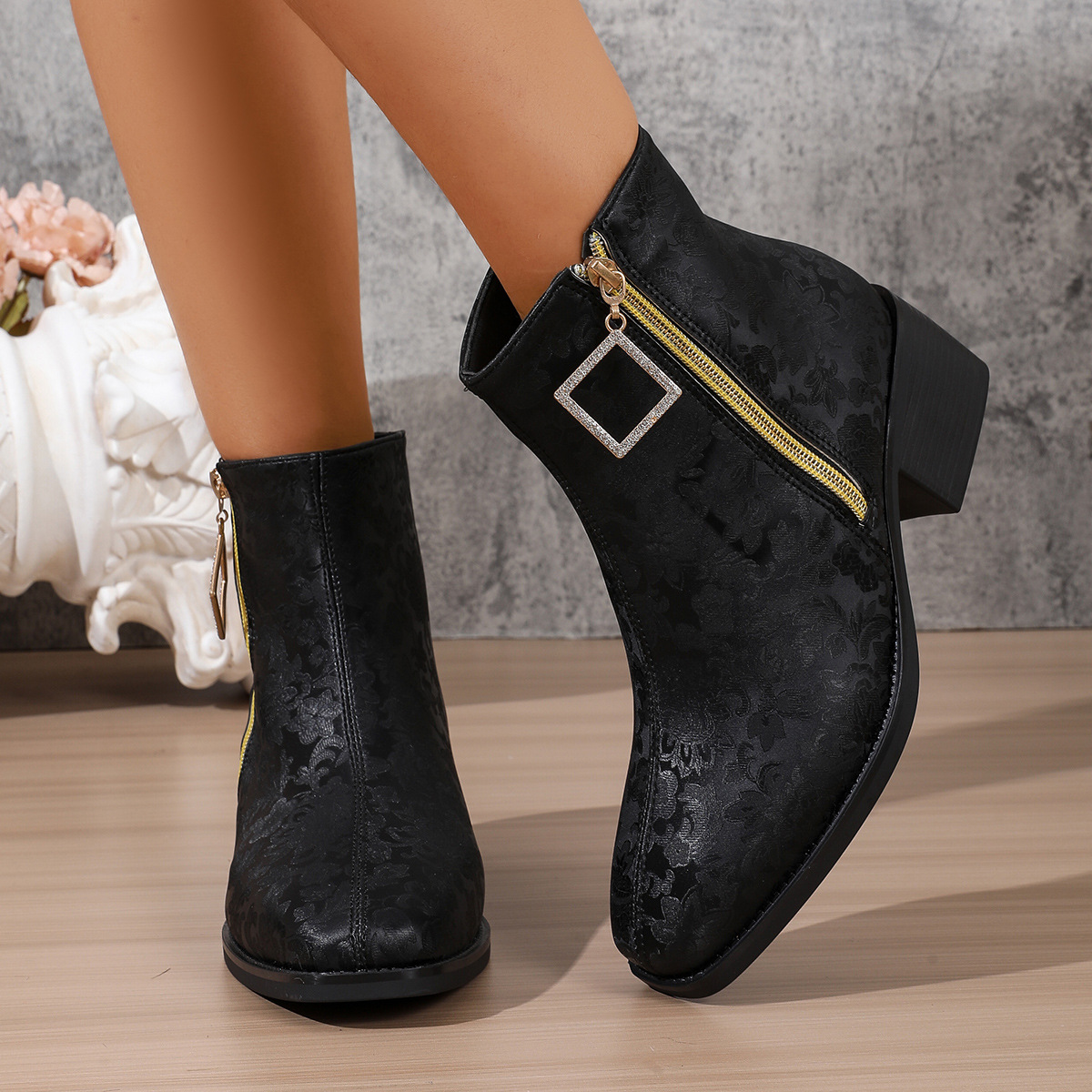 Women’s Floral Satin Ankle Boots – Elegant Short Boots with Side Zipper